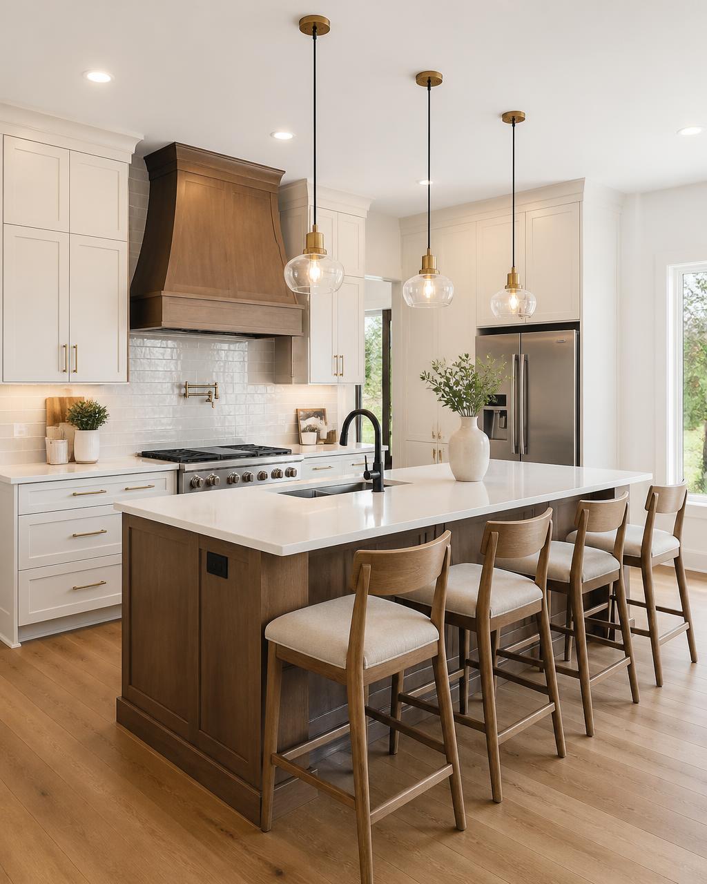 Modern renovated kitchen with custom cabinets and island
